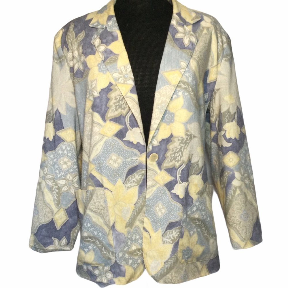 Koret Vintage Blue Yellow Blazer Size 14 Floral